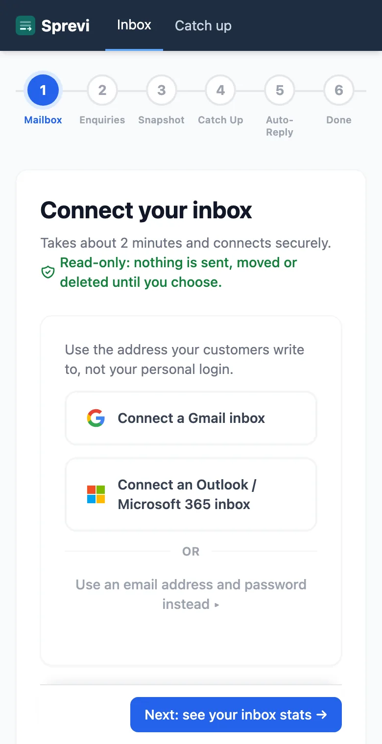 Connect your inbox on a phone: Gmail or Outlook, read-only to start.