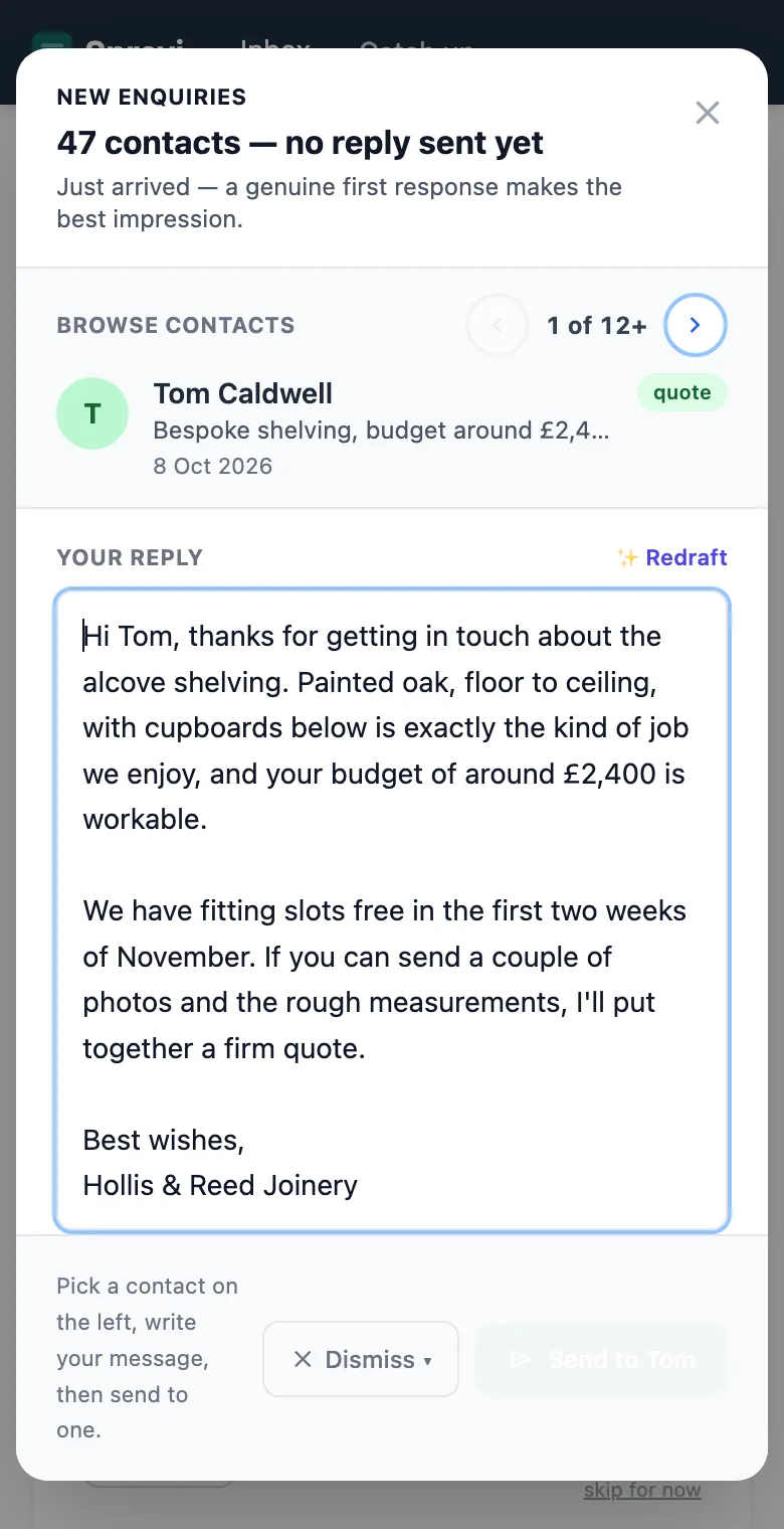A drafted reply on a phone, built from your own past replies, with a Redraft with AI option.