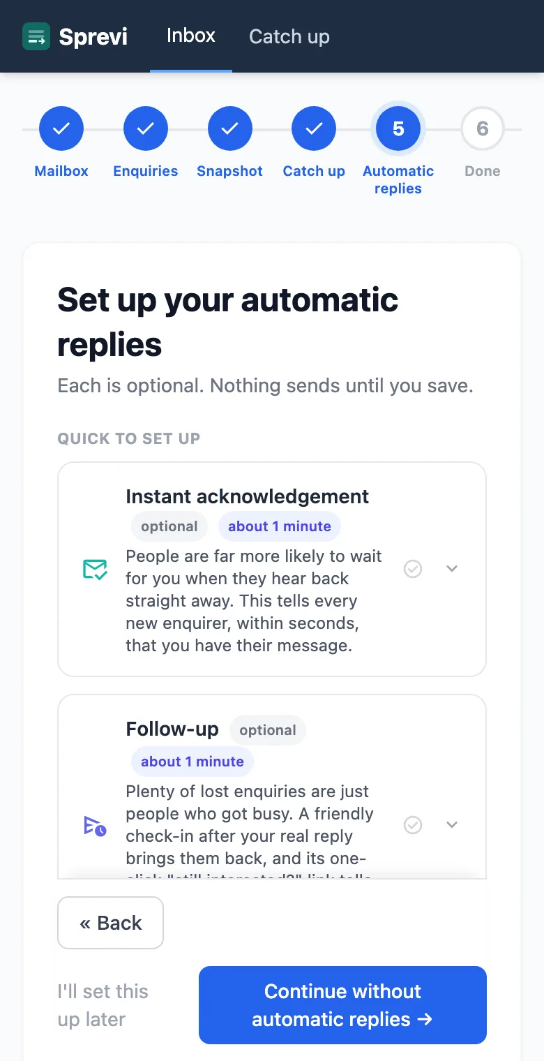 The Automatic replies page on a phone: an instant acknowledgement, a follow-up and a personal reply. Nothing is live until you save.