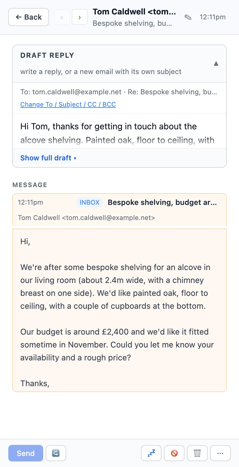 An enquiry opened on a phone: the customer's message and a reply already drafted, ready to send.