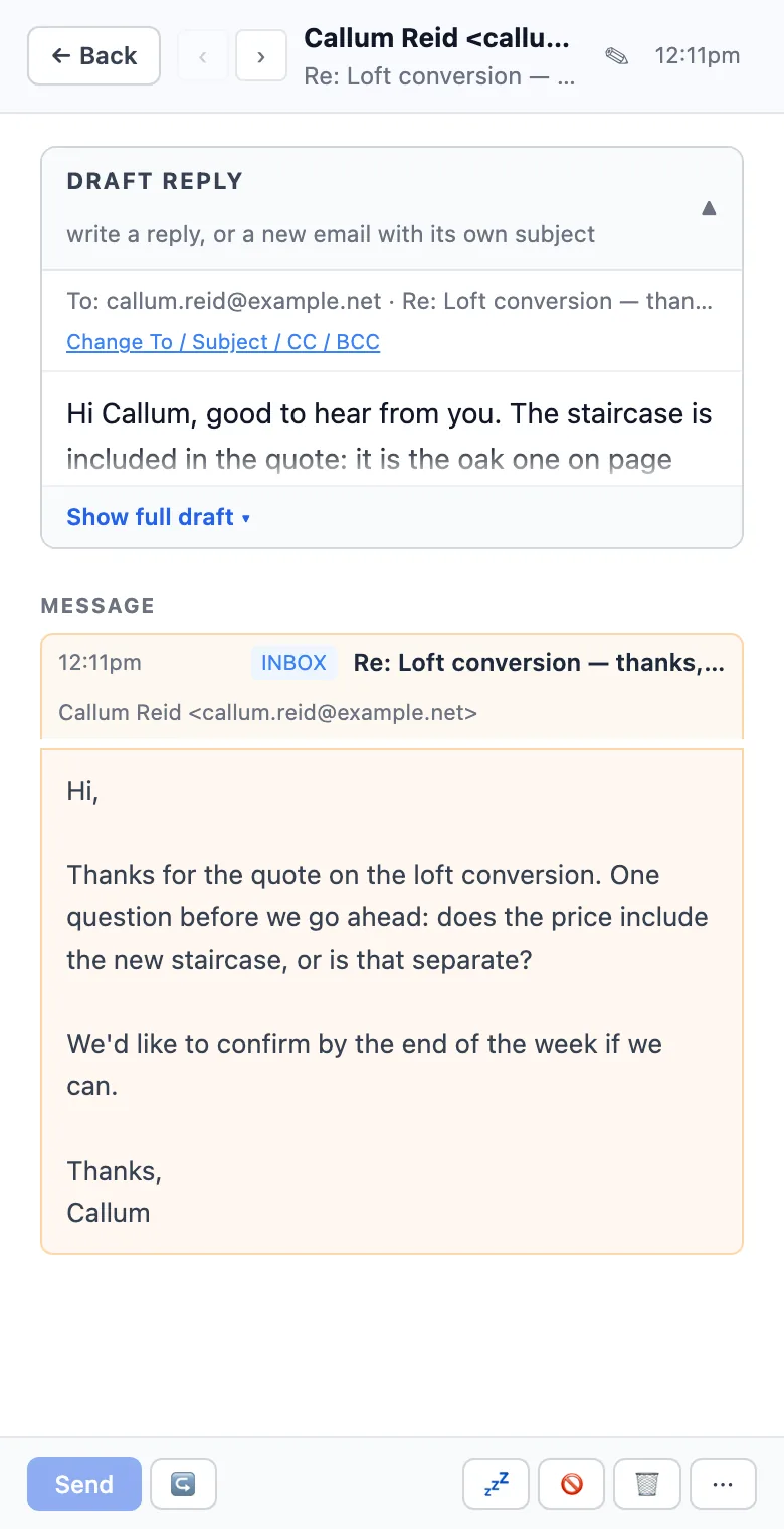 A reply from a customer opened on a phone, with a tailored answer already drafted.