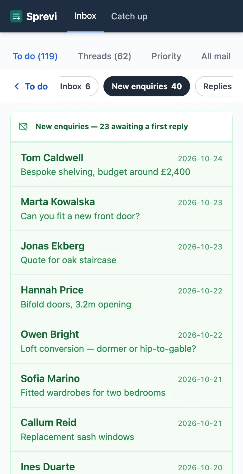 To do on a phone with 40 enquiries waiting: 23 new and 17 still waiting for a first reply.