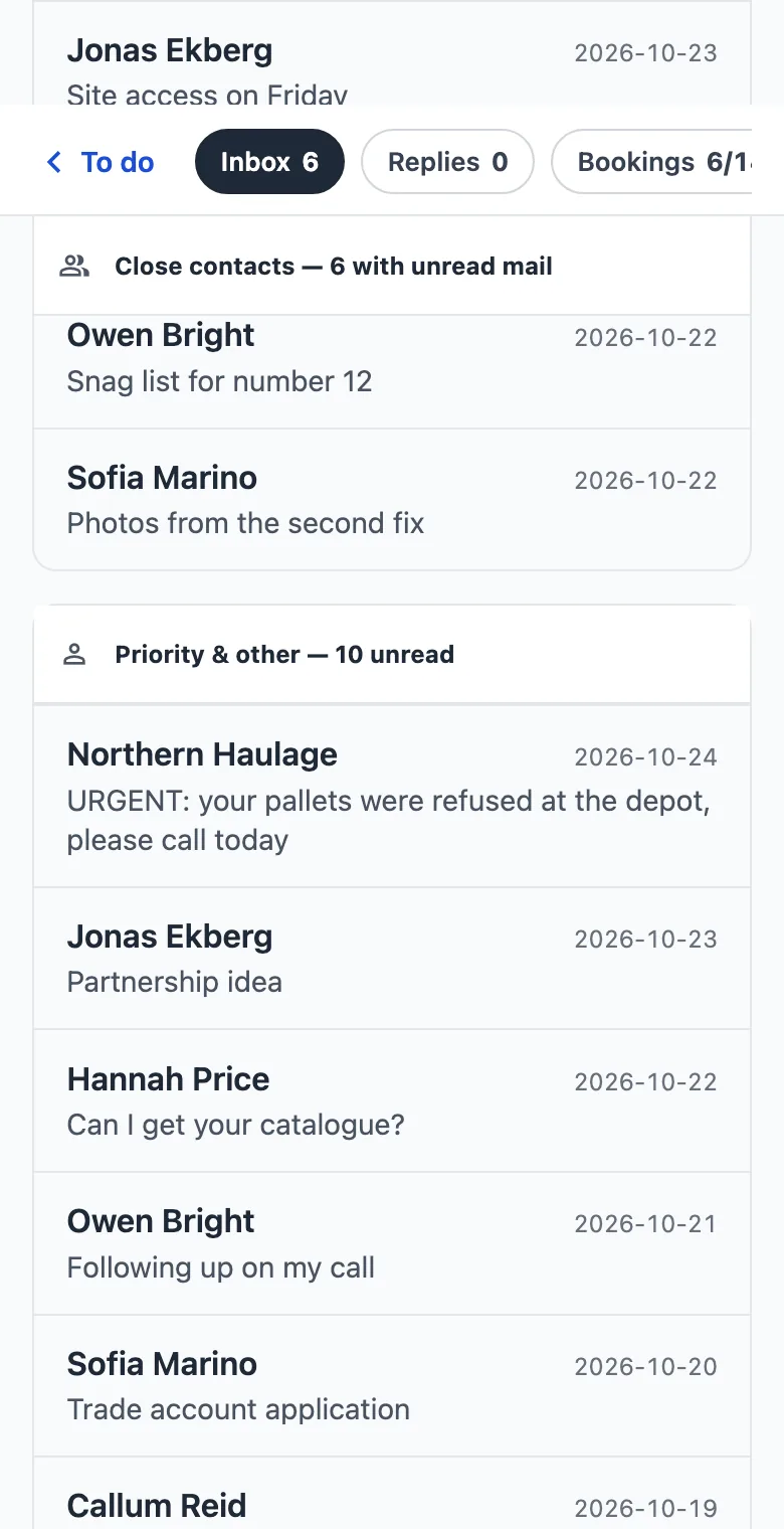 Inbox on a phone: below the close contacts, an urgent message from a haulage company about refused pallets.