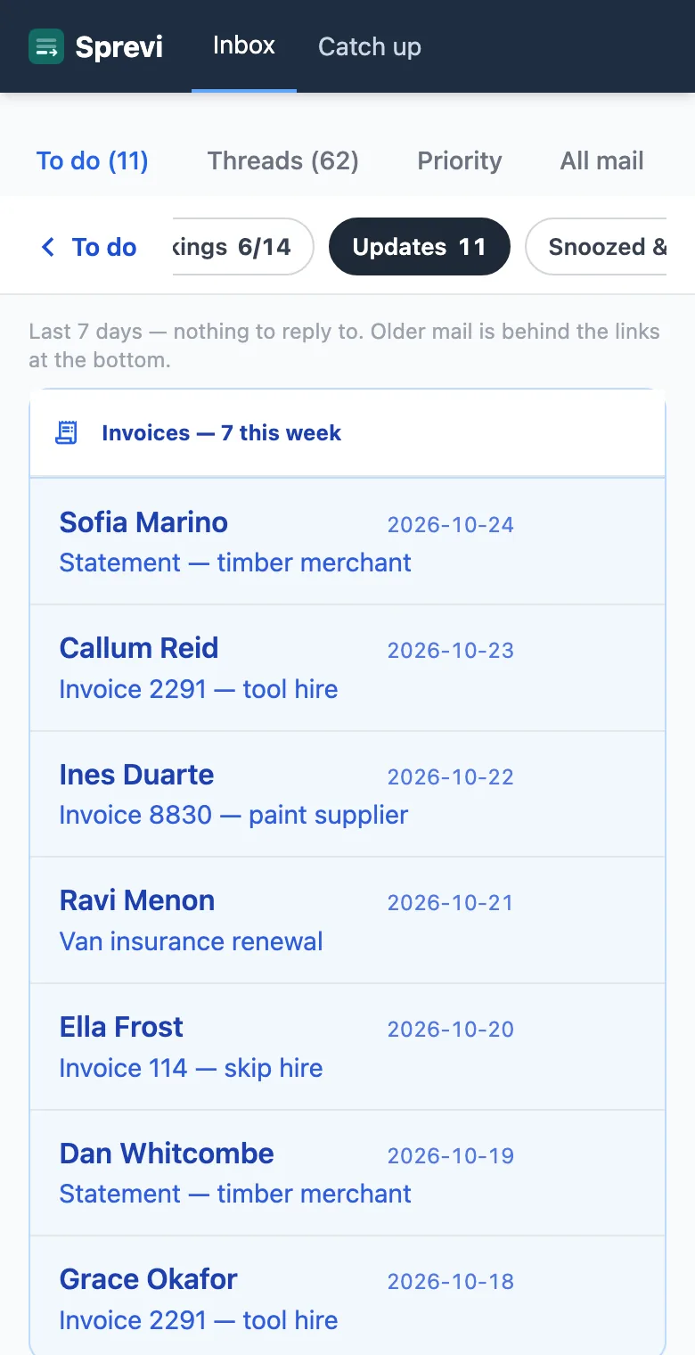 Updates on a phone: invoices, orders and newsletters, each marked Done with a tap or a swipe.