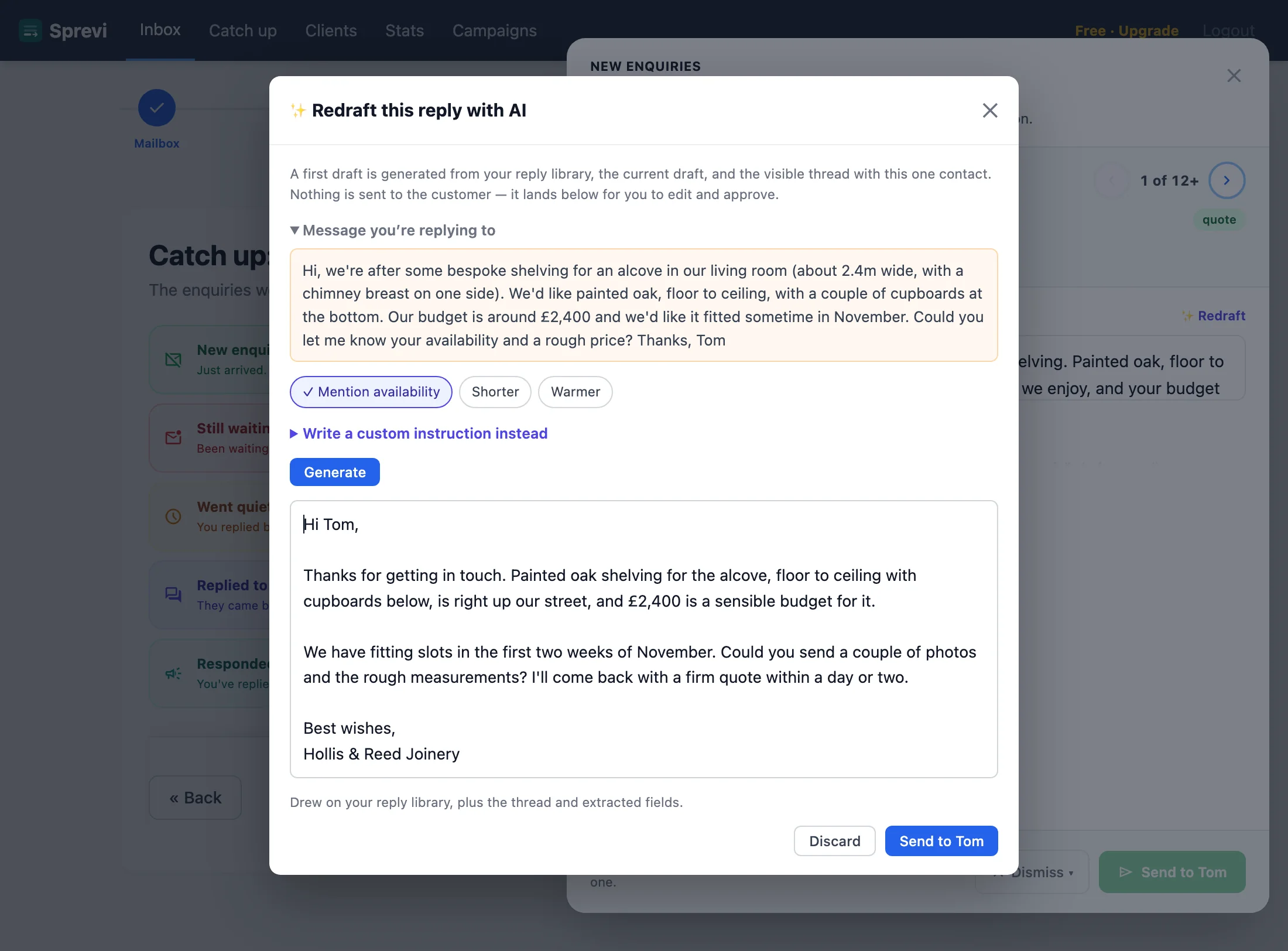 The optional AI redraft: the customer message, one-click tailoring such as mention availability, and a reworded reply to check before sending.
