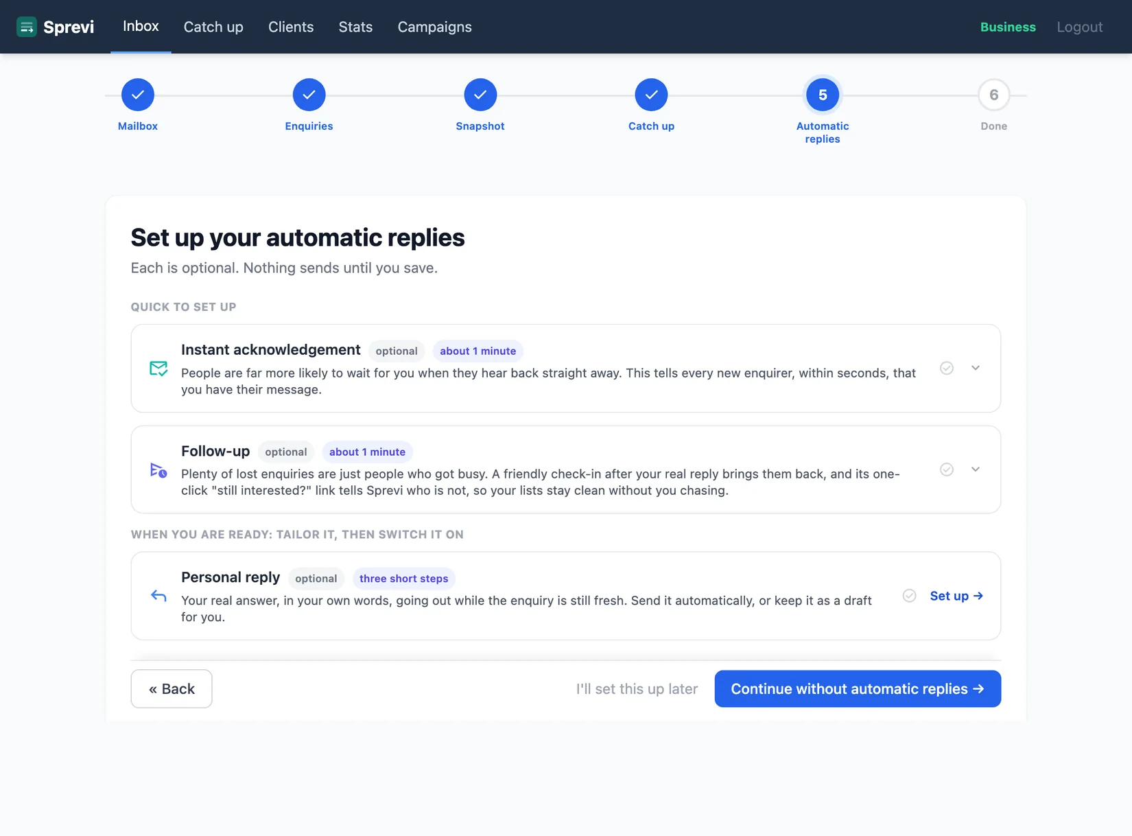 The Automatic replies page: a personal reply that you can send automatically or keep as a draft. Nothing is live until you save.