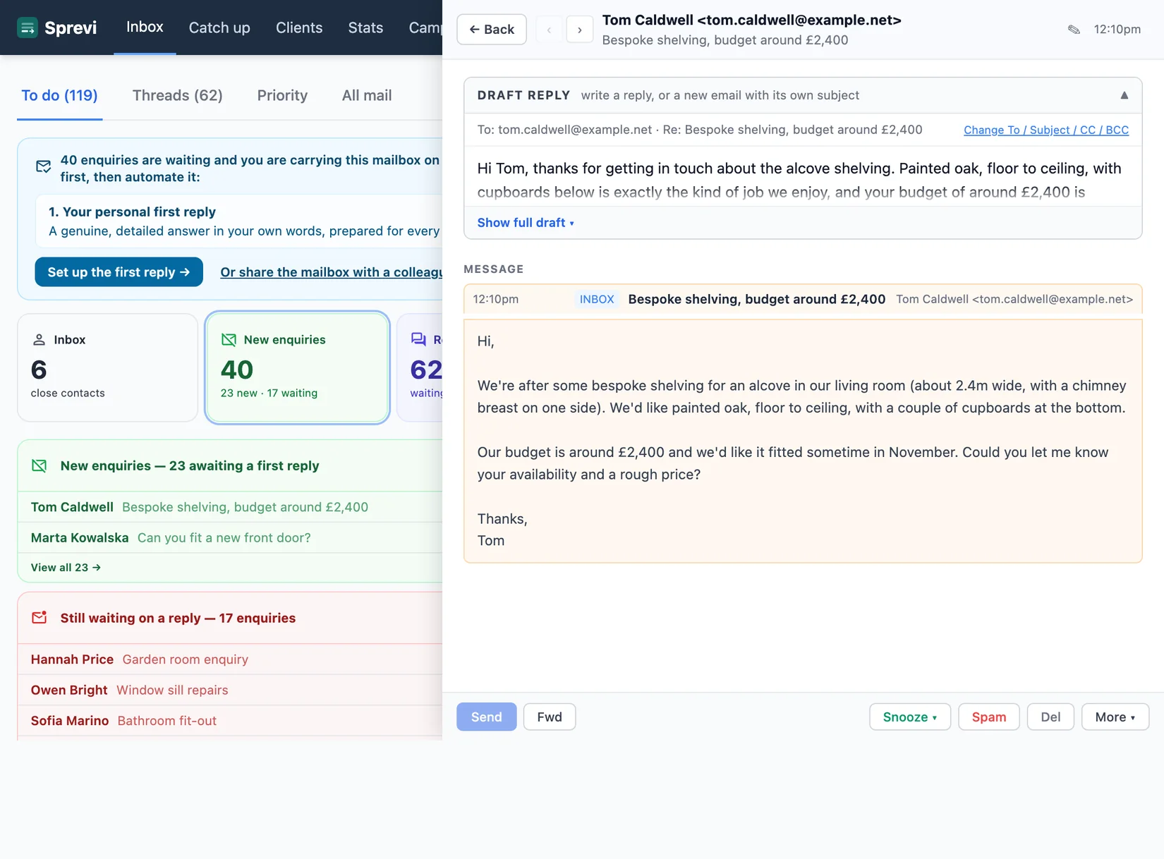 An enquiry opened from the list: the customer's message, and a reply already drafted for you to review and send.