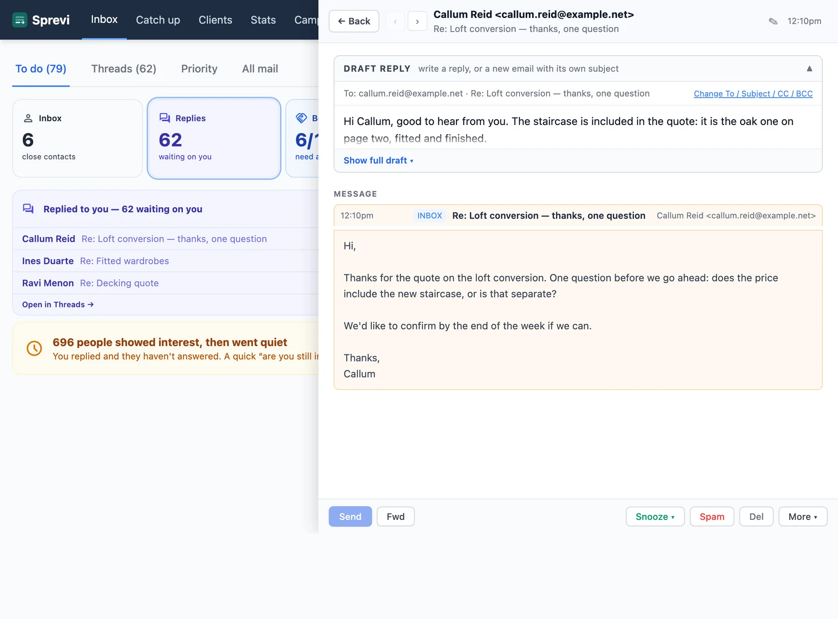 A reply from a customer opened, with a tailored answer already drafted from your own past replies.