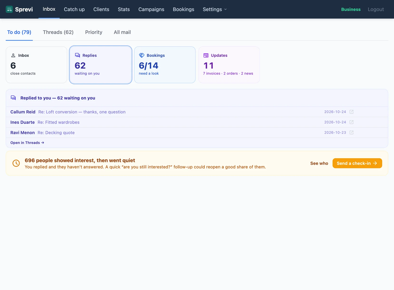 Replies selected: sixty-two people waiting on a reply, and a prompt to check in with 696 people who went quiet.