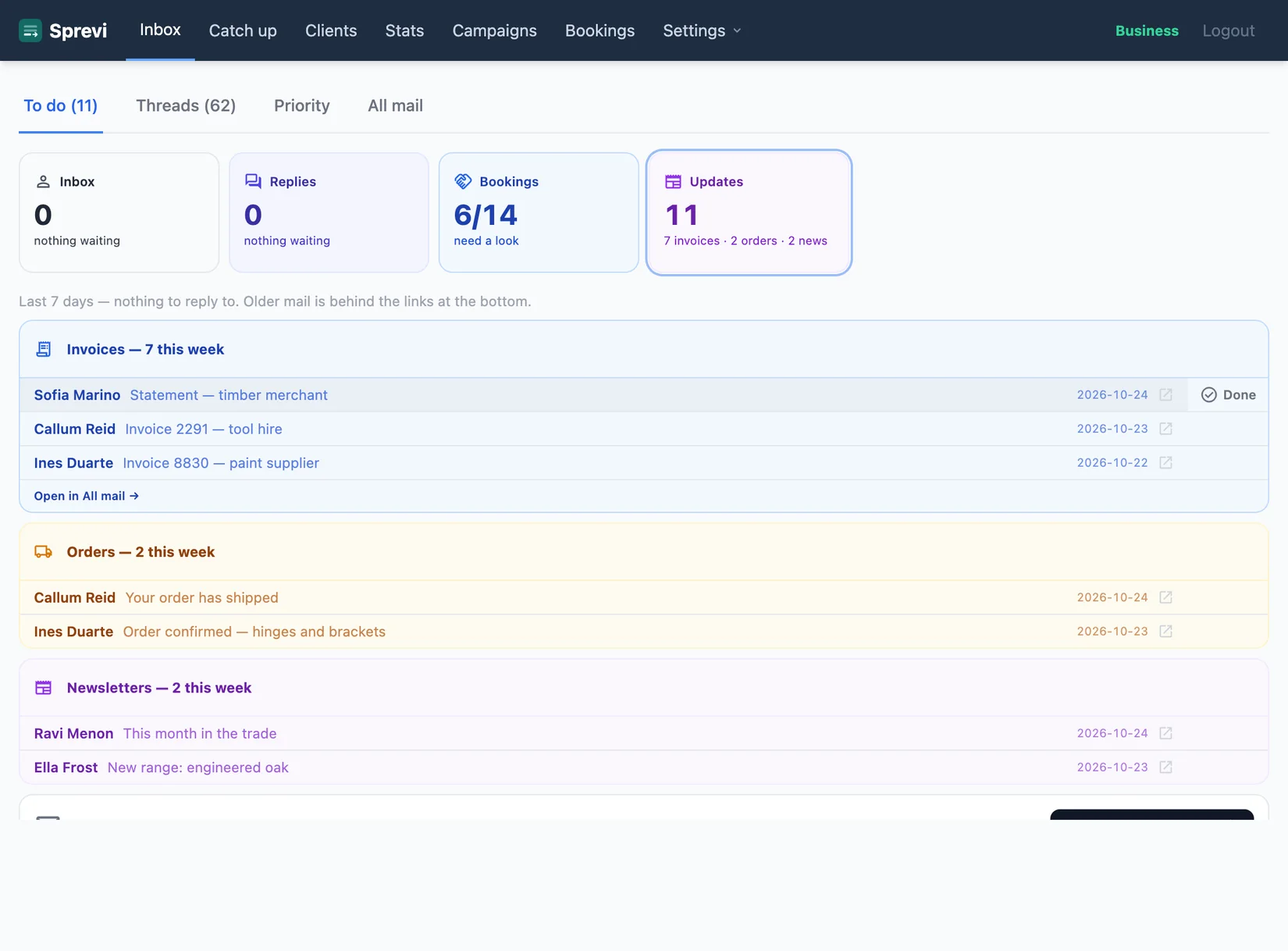 Updates selected: this week's invoices, orders and newsletters, each with a Done button that marks it as read.